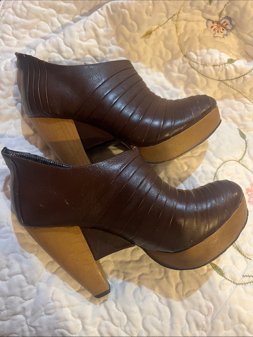 Brown Leather Platform Heel Booties - Women